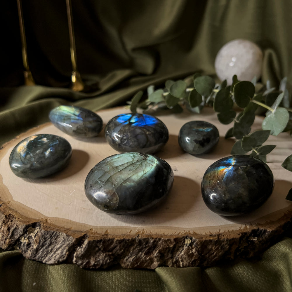 Labradorite Palm stones displaying their signature flash.