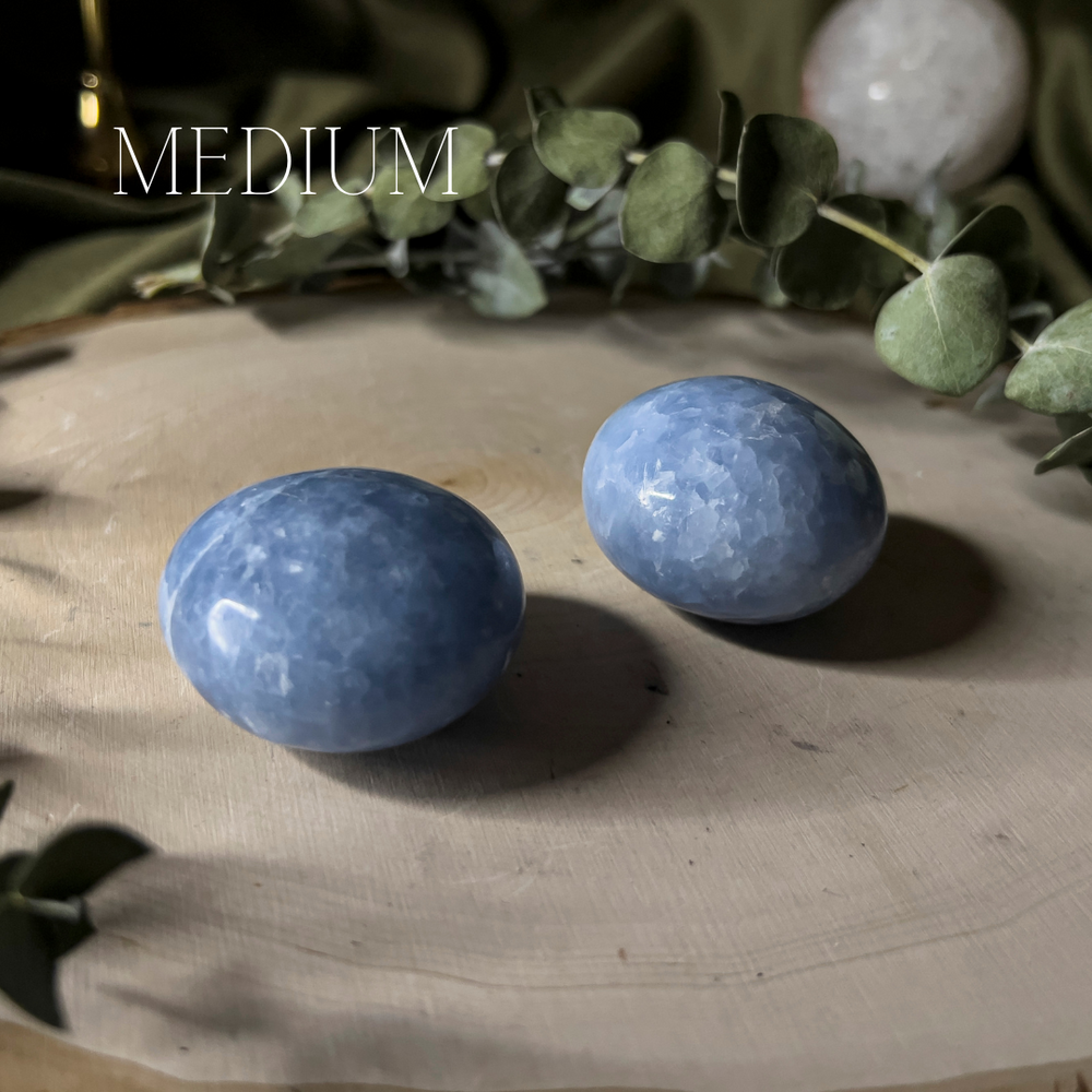 Blue calcite palm stones, medium.